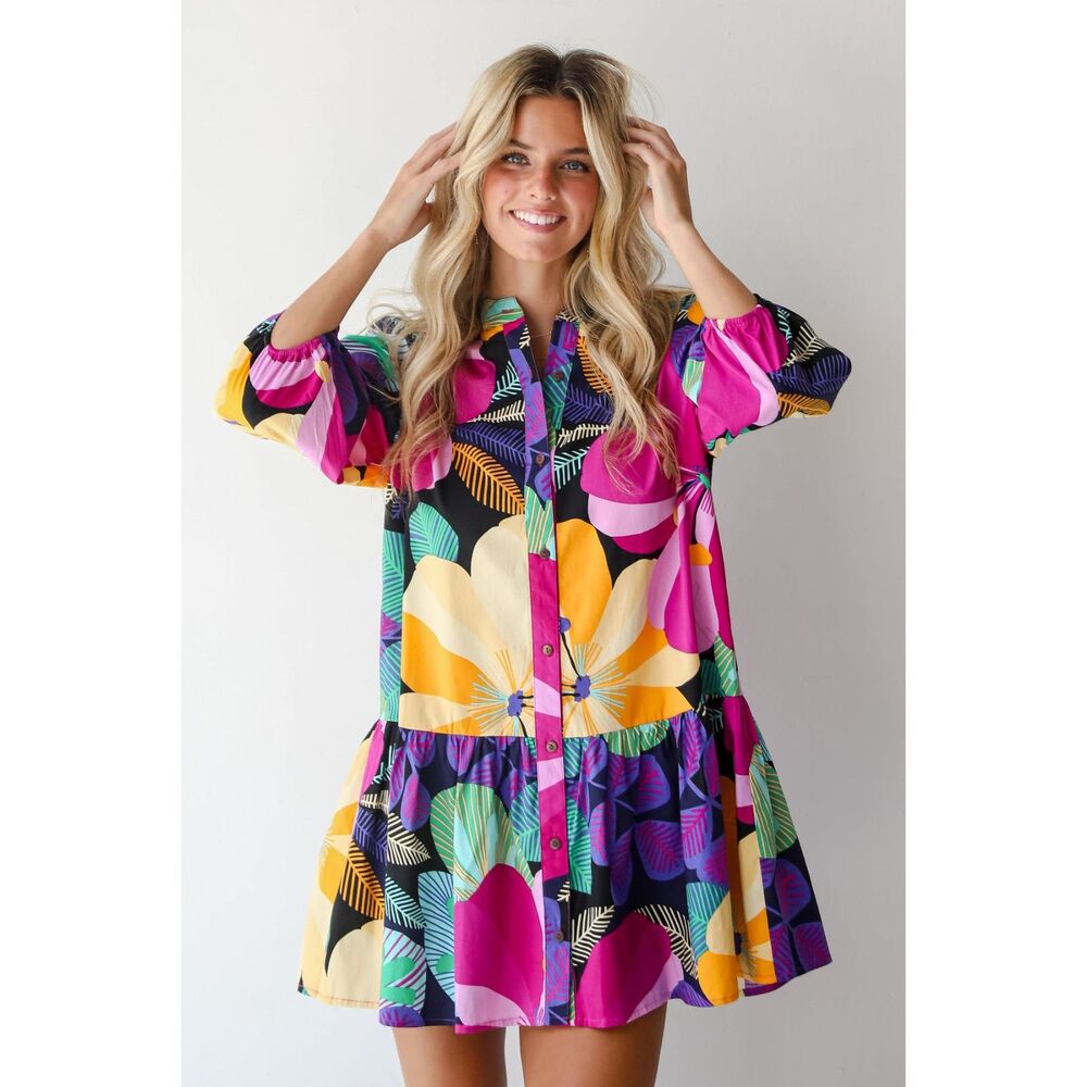 Playful Floral Button-Front Mini Dress in Pink & Yellow